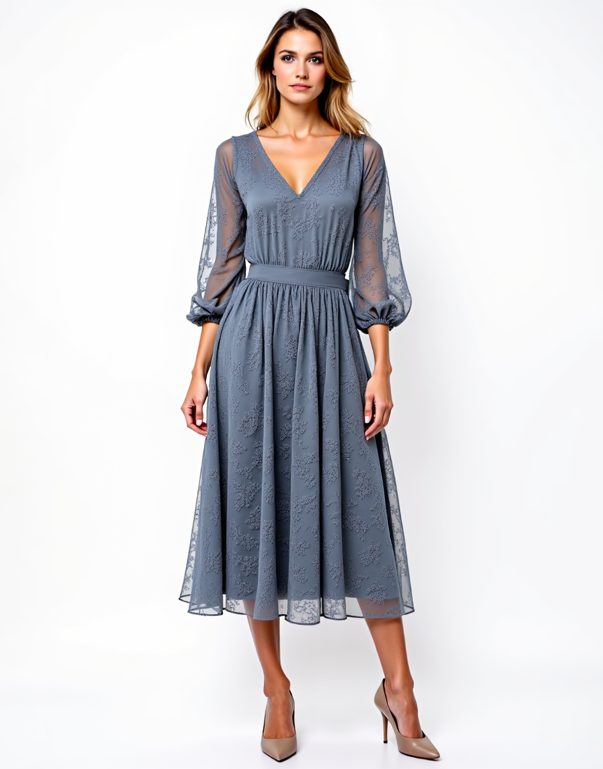 Grey A-Line V-Neck Long Sleeves Lace Tea Length Formal Dress
