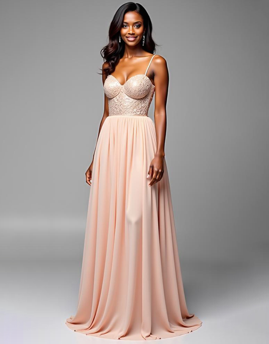Champagne A Line Spaghetti Straps Long Formal Dress with Lace