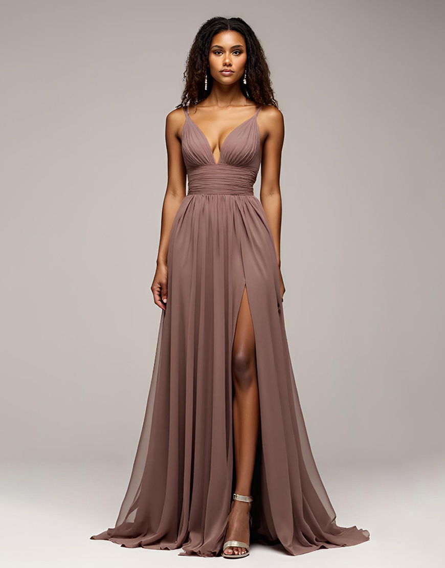Dusk Spaghetti Straps Pleated Chiffon Long Formal Dress with Slit