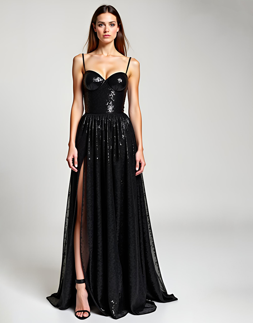 Sparkly Black A Line Spaghetti Straps Long Formal Dress with Slit