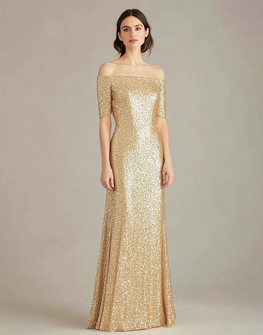 Sparkly Gold Mermaid Off the Shoulder Short Sleeveless Sequins Long Formal Dress