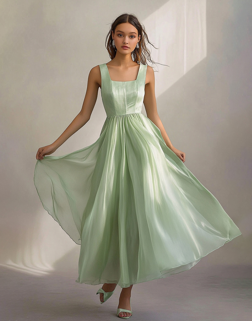 Light Green Square Neck A Line Tulle Long Formal Dress
