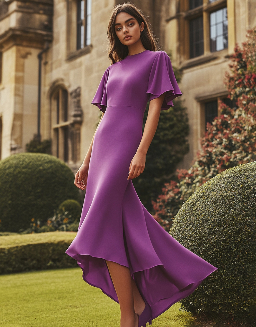 Plum Sheath Round Neck Ruffles Sleeves Chiffon Long Formal Dress