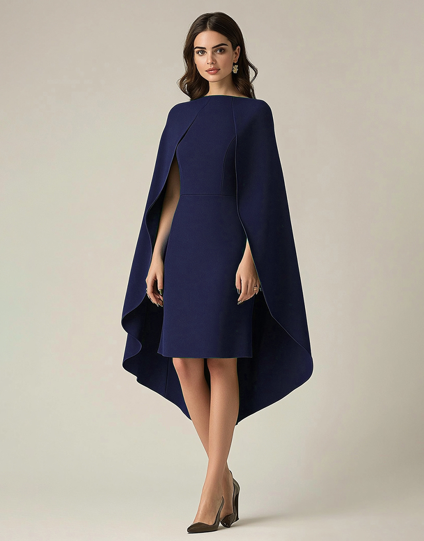Navy Sheath Satin Short Formal Dress with Back Cape