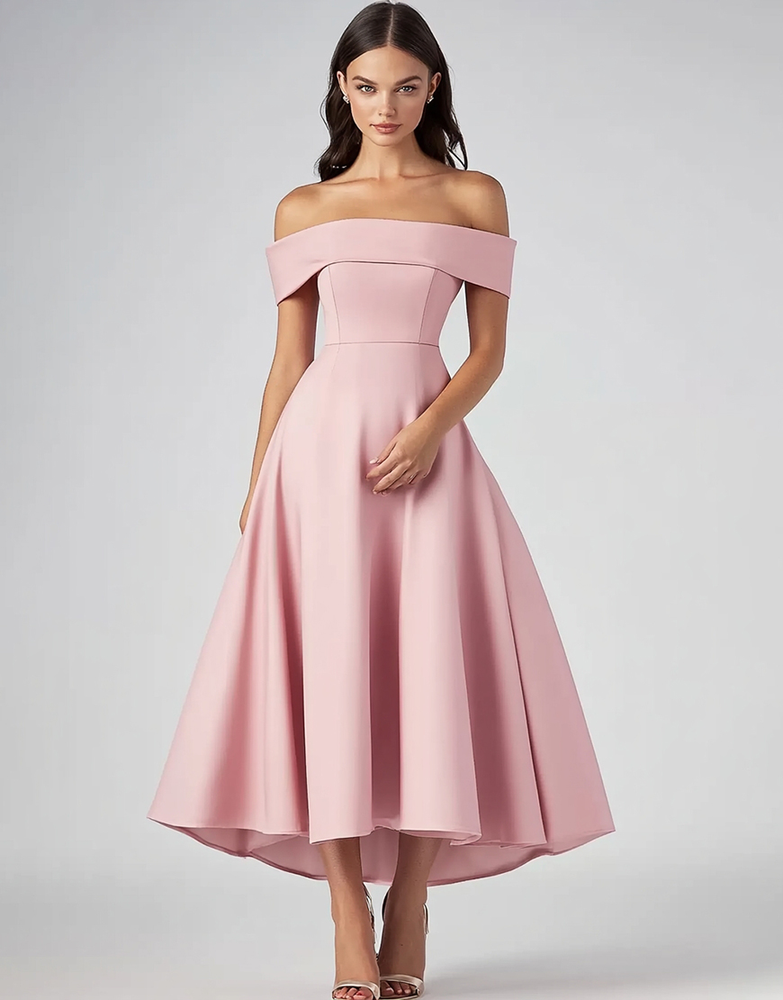 Pink A Line Off the Shoulder Satin Long Formal Dress