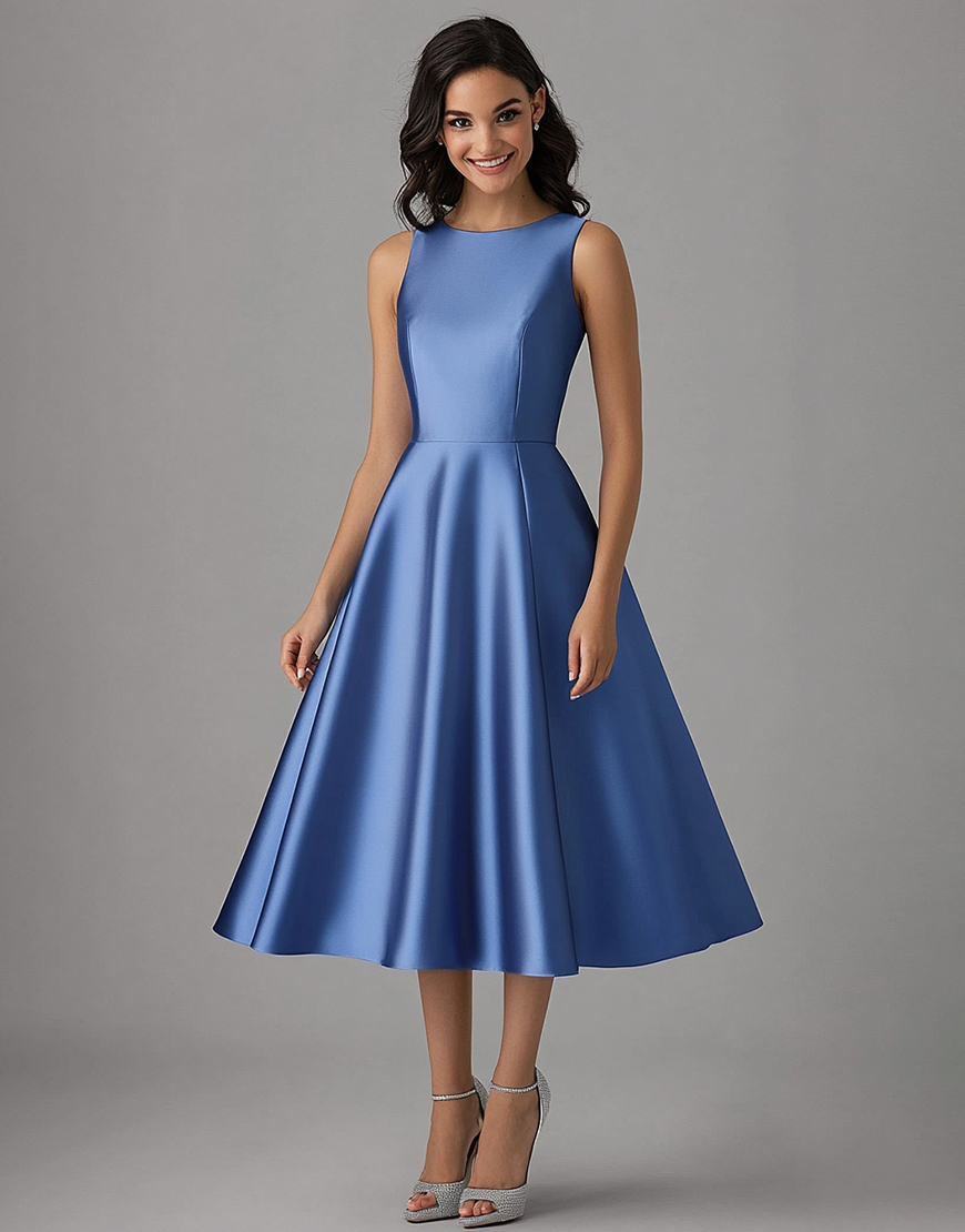Blue A Line Scoop Sleeveless Satin Formal Dress