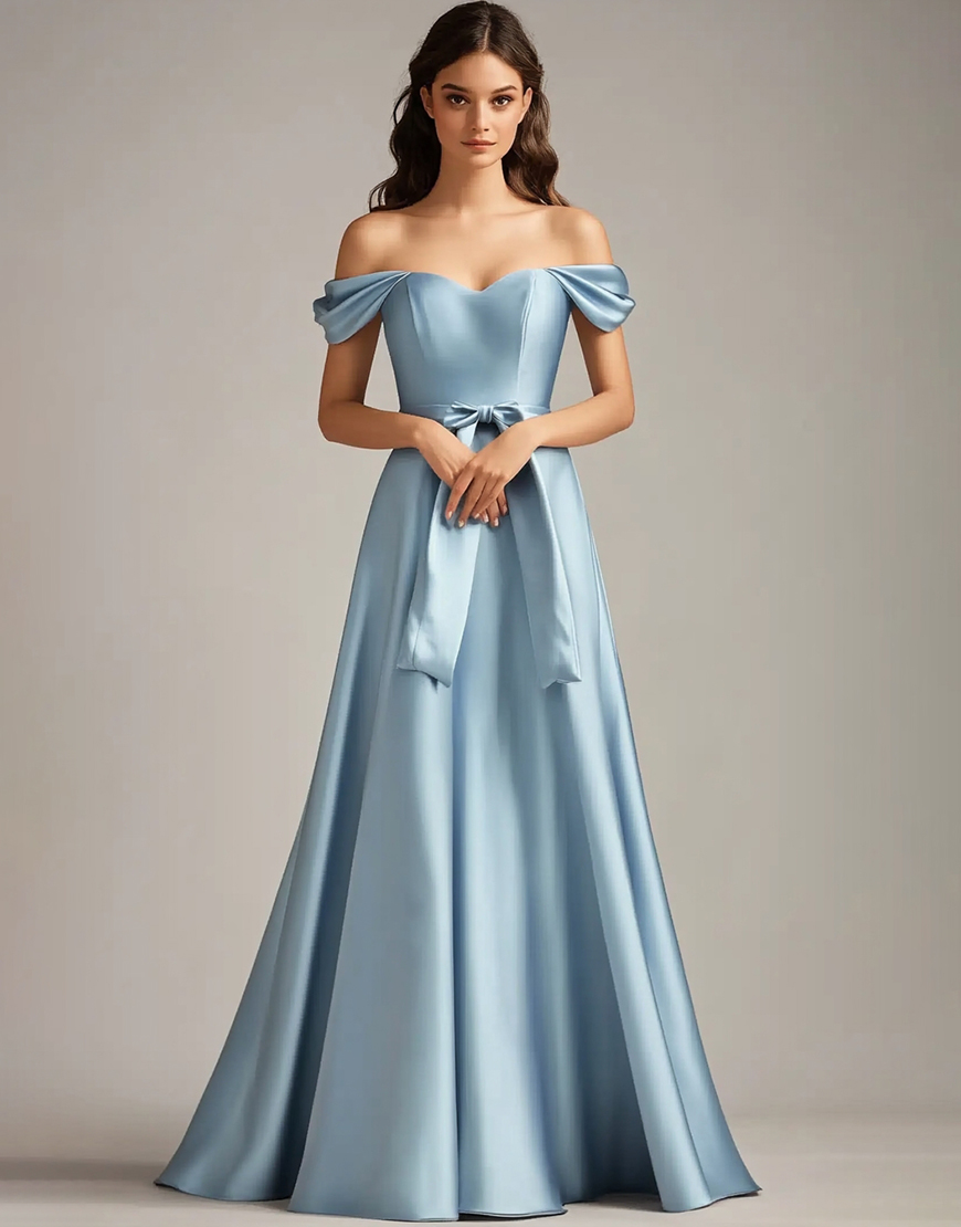 A Line Sky Blue Off the Shoulder Satin Long Formal Dress with Bowknot