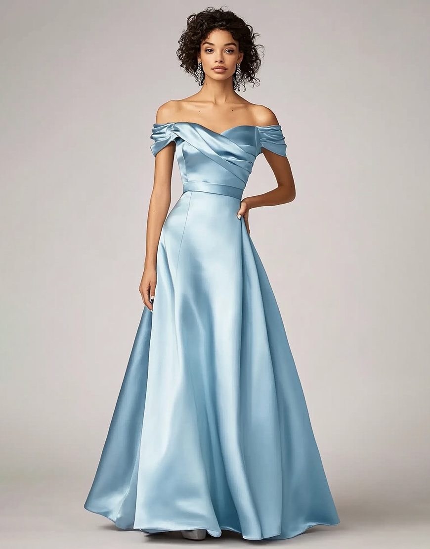Sky Blue A Line Off the Shoulder Satin Long Formal Dress