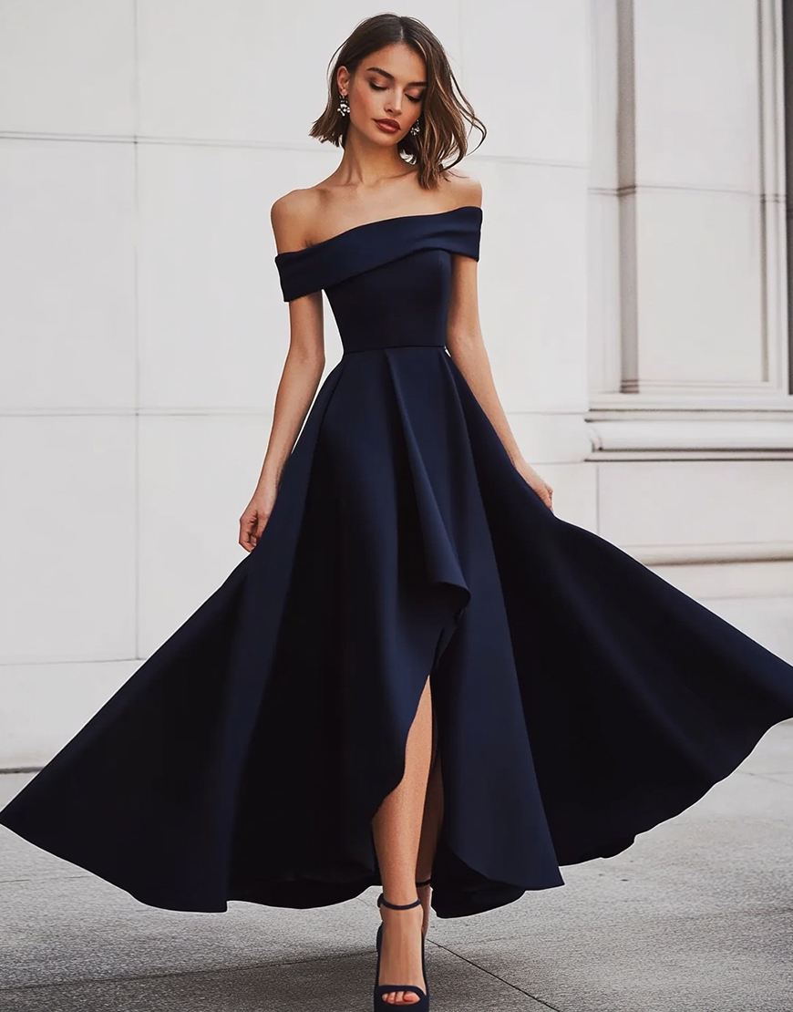 Black A Line Off the Shoulder Satin Long Formal Dress with Slit