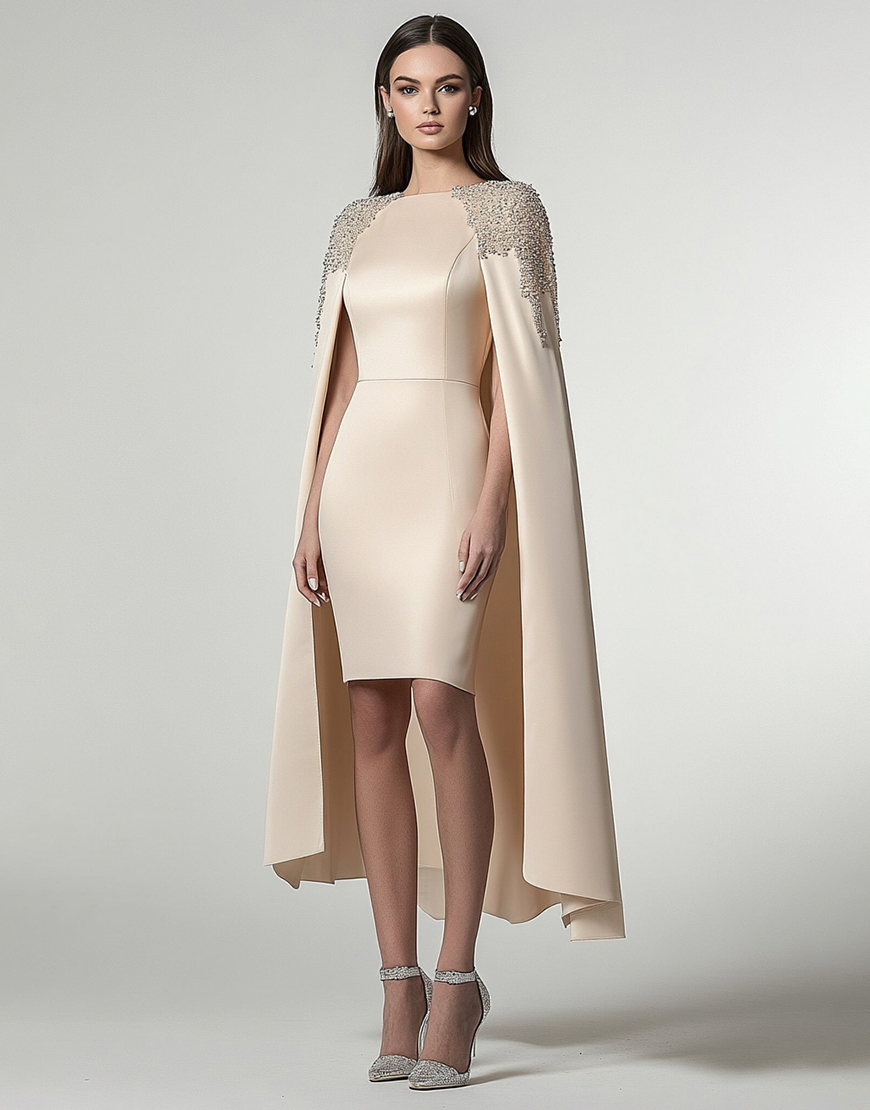 Champagne Sheath Beaded Satin Short Formal Dress with Shawl