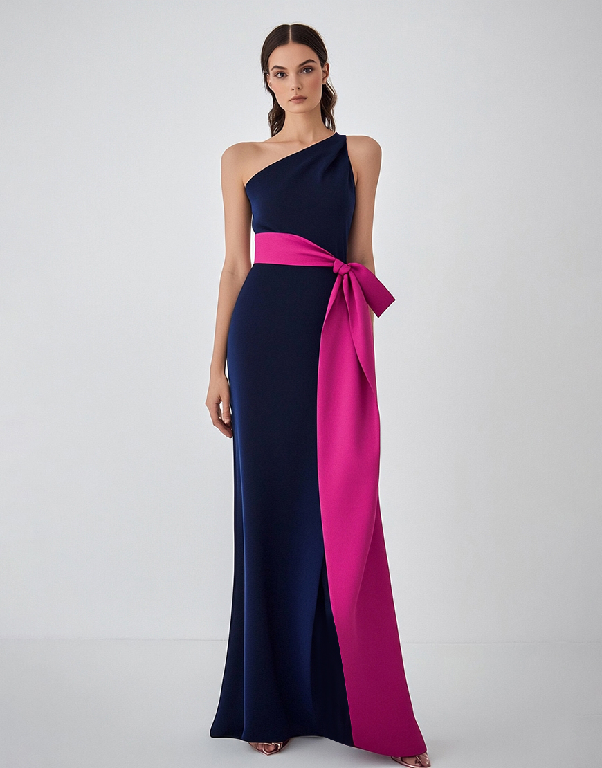 Navy Fuchsia Sheath One Shoulder Long Formal Dress
