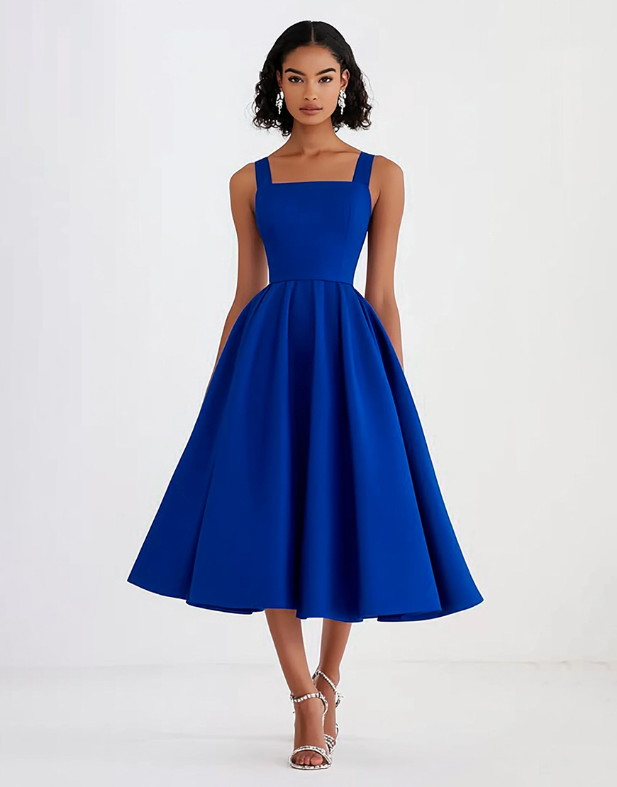 Royal Blue A Line Square Neck Satin Formal Dress
