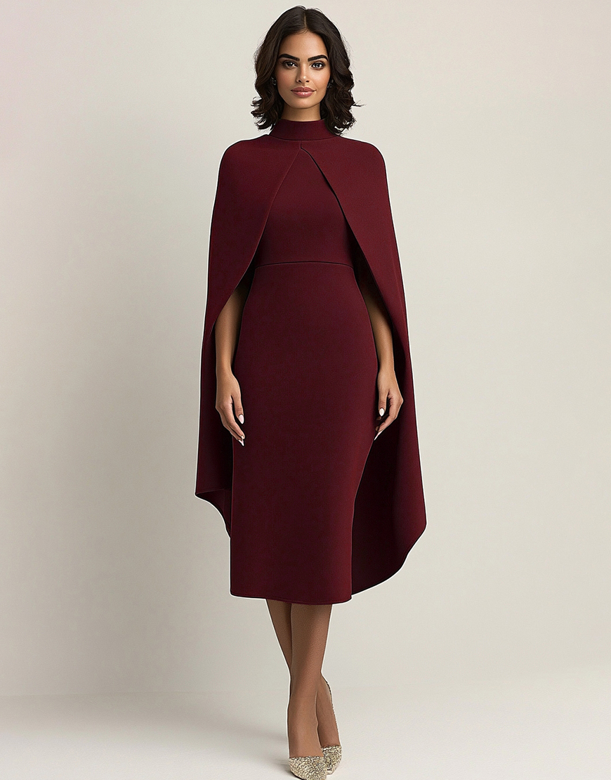Burgundy Sheath High Neck Formal Dress with Shawl