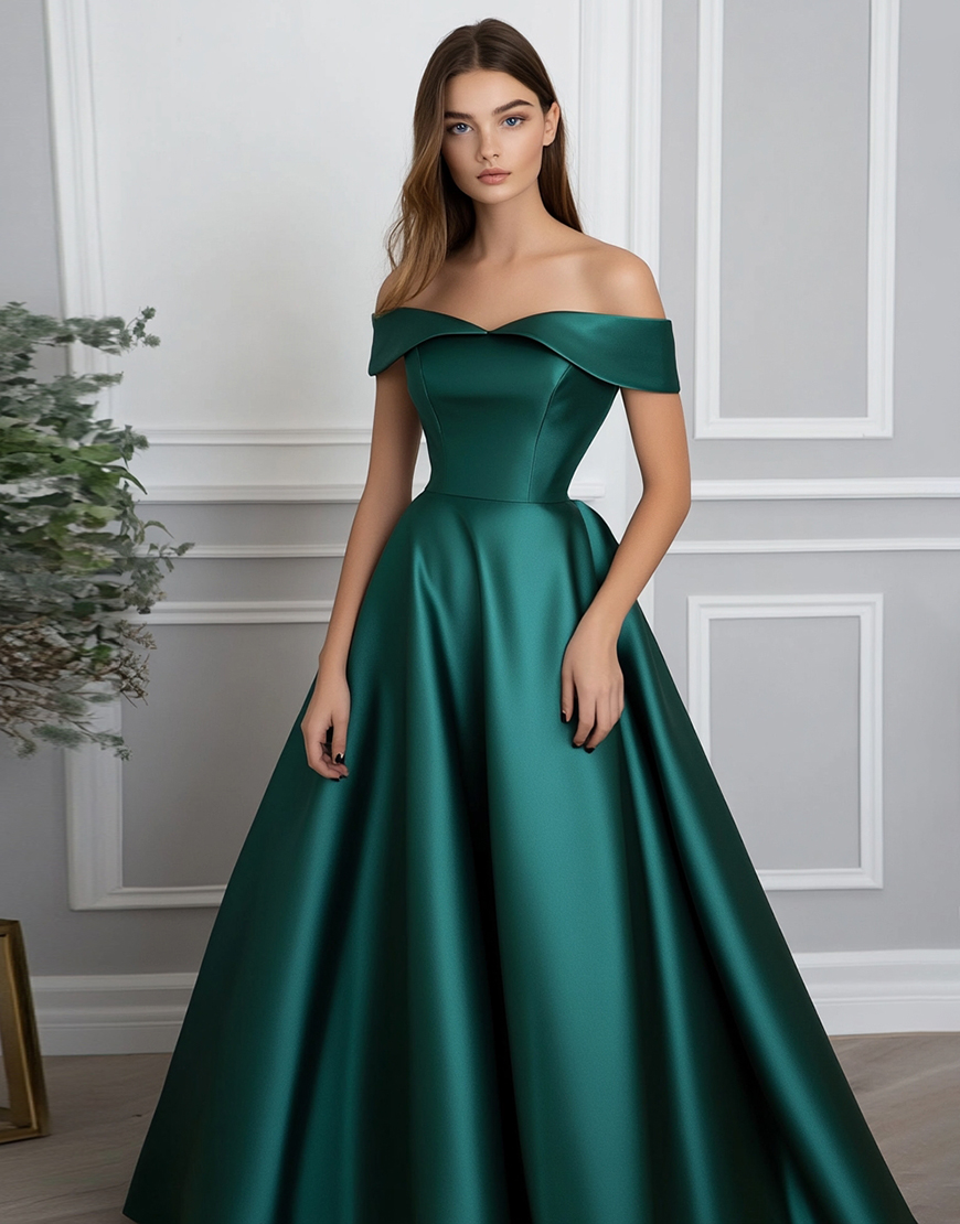 Dark Green Ball Gown Off the Shoulder Satin Long Formal Dress