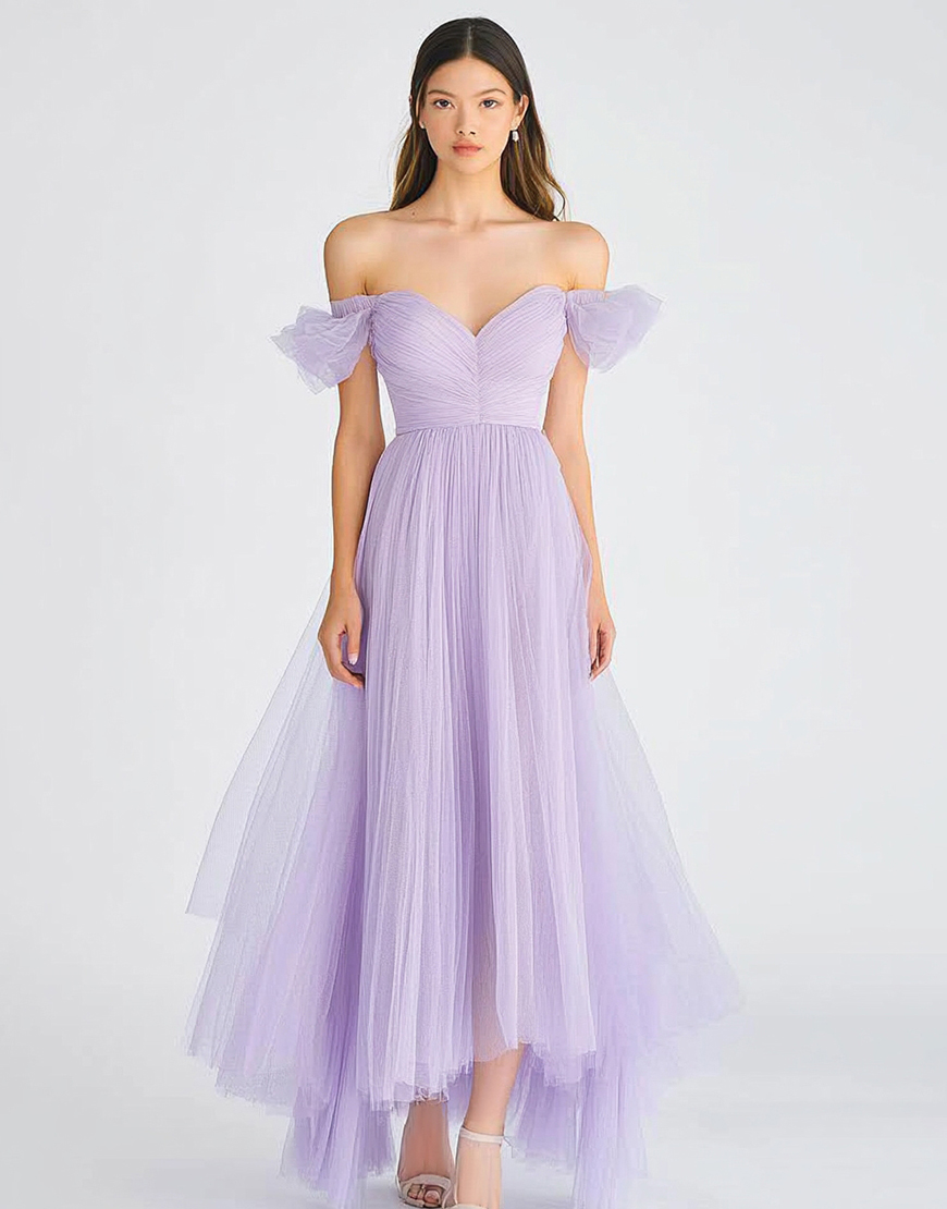 Lilac A Line Off the Shoulder Tulle Asymmetrical Long Formal Dress