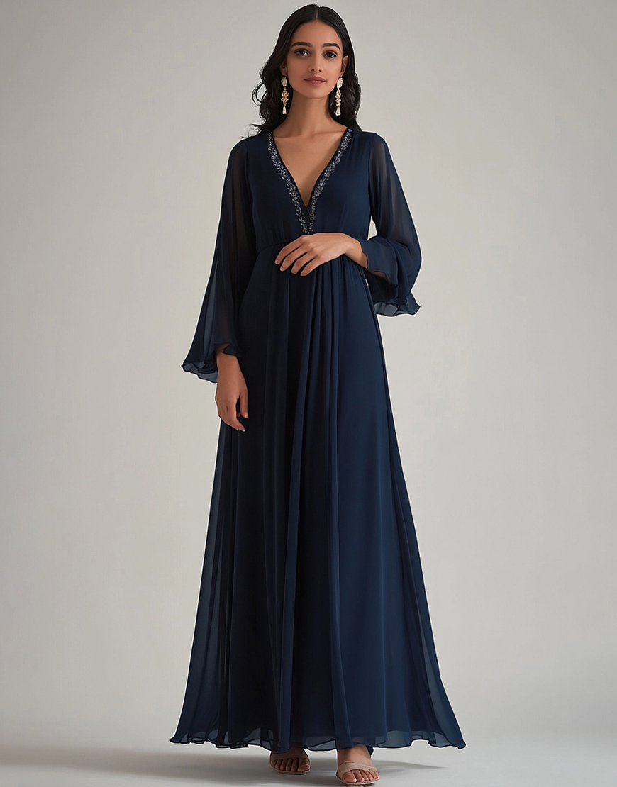 Navy Deep V-Neck Ruffle Sleeves Chiffon Long Formal Dress