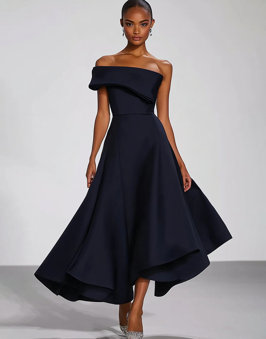 A Line Navy Off the Shoulder Satin Long Formal Dress