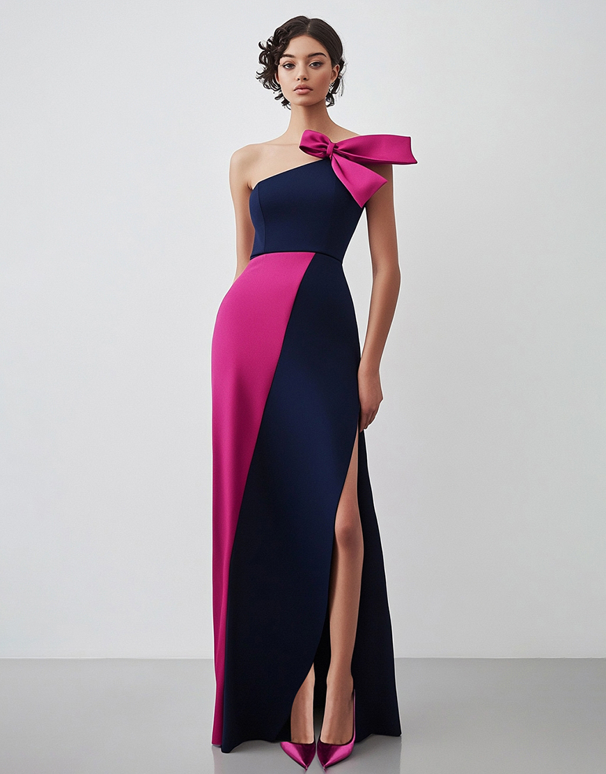 Navy Fuchsia Sheath Bowknot One Shoulder Long Formal Dress with Slit