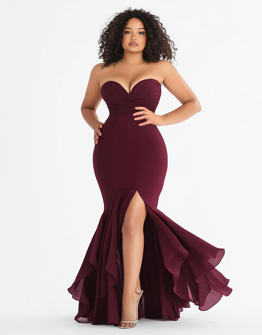 Burgundy Sweetheart Plus Size Satin Mermaid Long Formal Dress with Slit