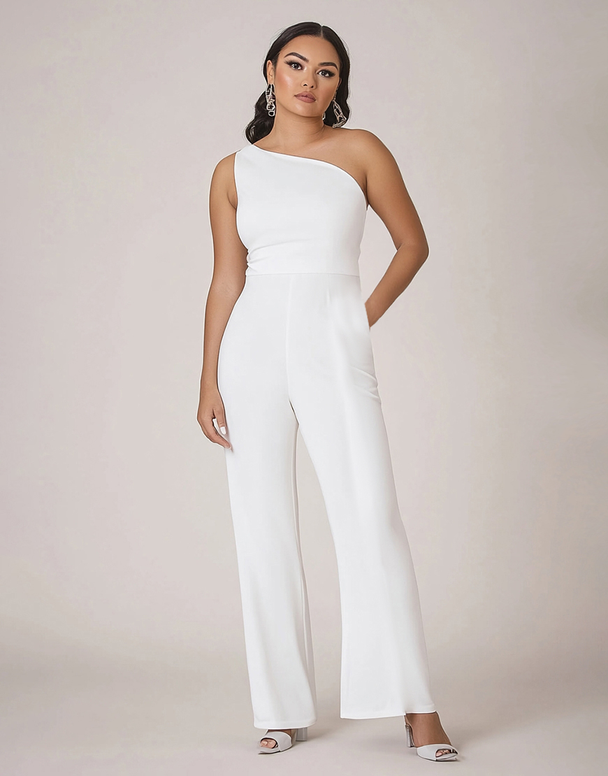 White One Shoulder Sleeveless Plus Size Long Formal Jumpsuit with Pockets