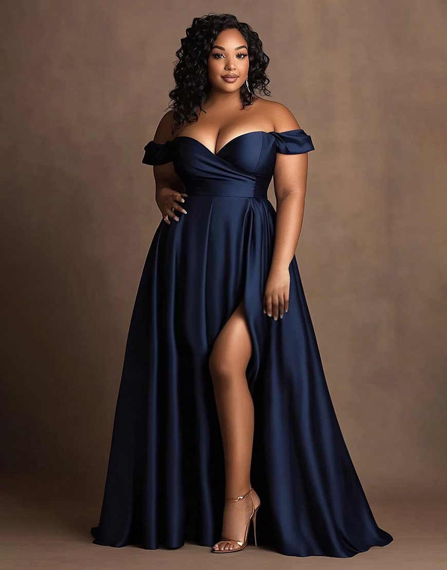 Navy A Line Off the Shoulder Plus Size Long Satin Formal Dress with Slit
