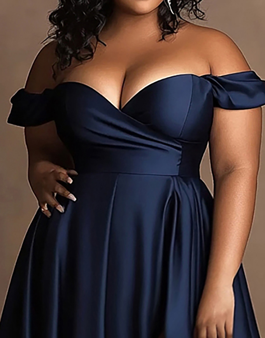 Navy A Line Off the Shoulder Plus Size Long Satin Formal Dress with Slit