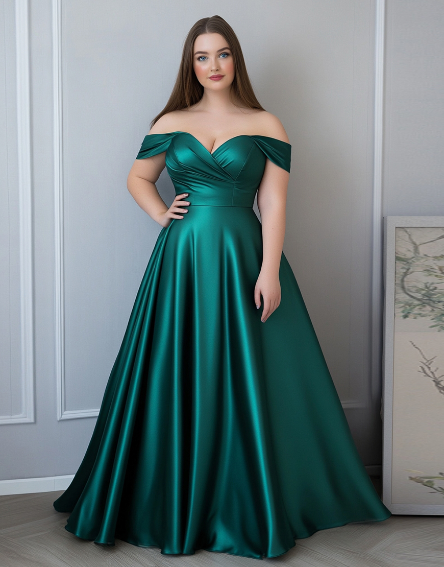 Dark Green A Line Off the Shoulder Plus Size Long Satin Formal Dress