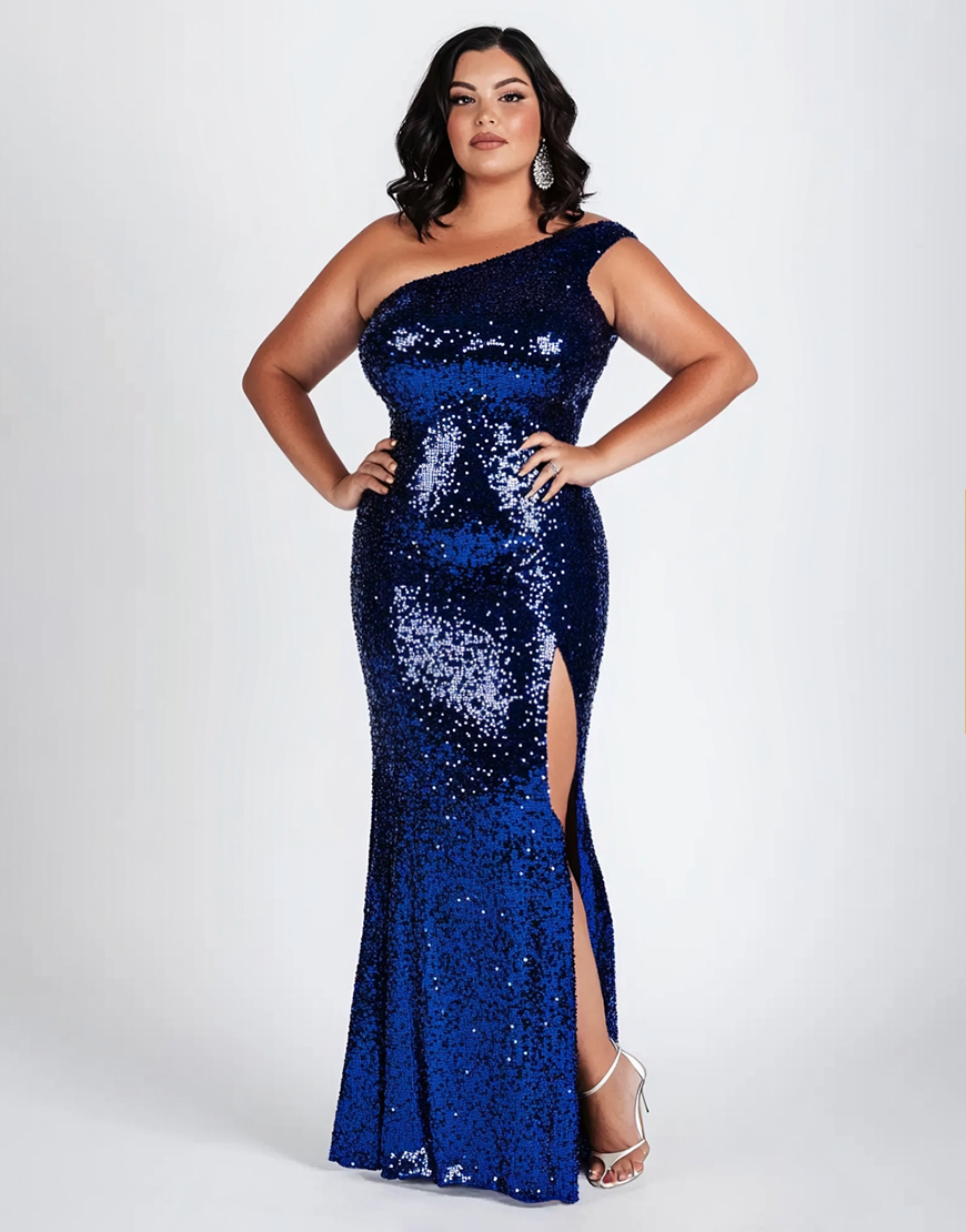 Sparkly Dark Blue Sheath Plus Size One Shoulder Sequin Long Formal Dress with Slit