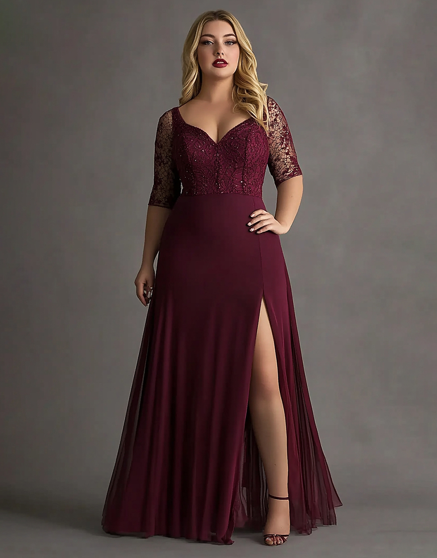 Burgundy Plus Size Satin A Line Lace Corset Formal Dress with Slit