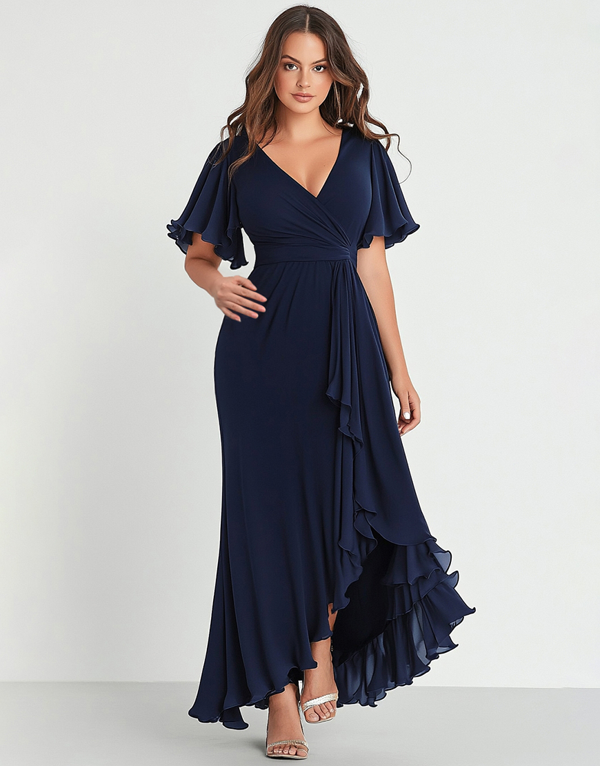 Navy Plus Size V-Neck Ruffle Sleeves Long Chiffon Formal Dress