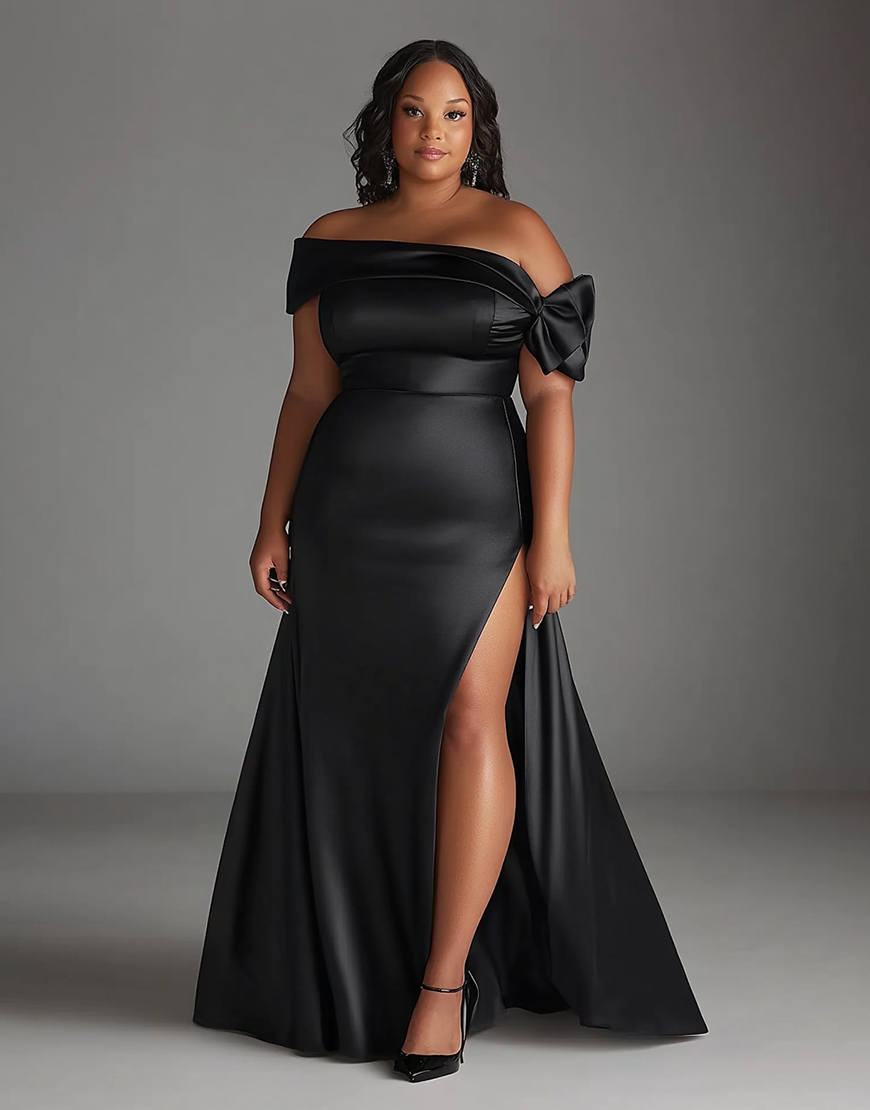 Black Sheath Plus Size Off the Shoulder Bowknot Long Satin Formal Dress with Slit