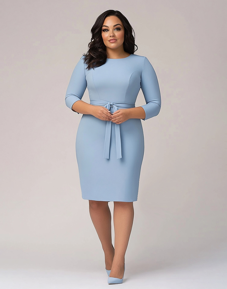 Sky Blue Bodycon Plus Size Knee Length Formal Dress with Long Sleeves