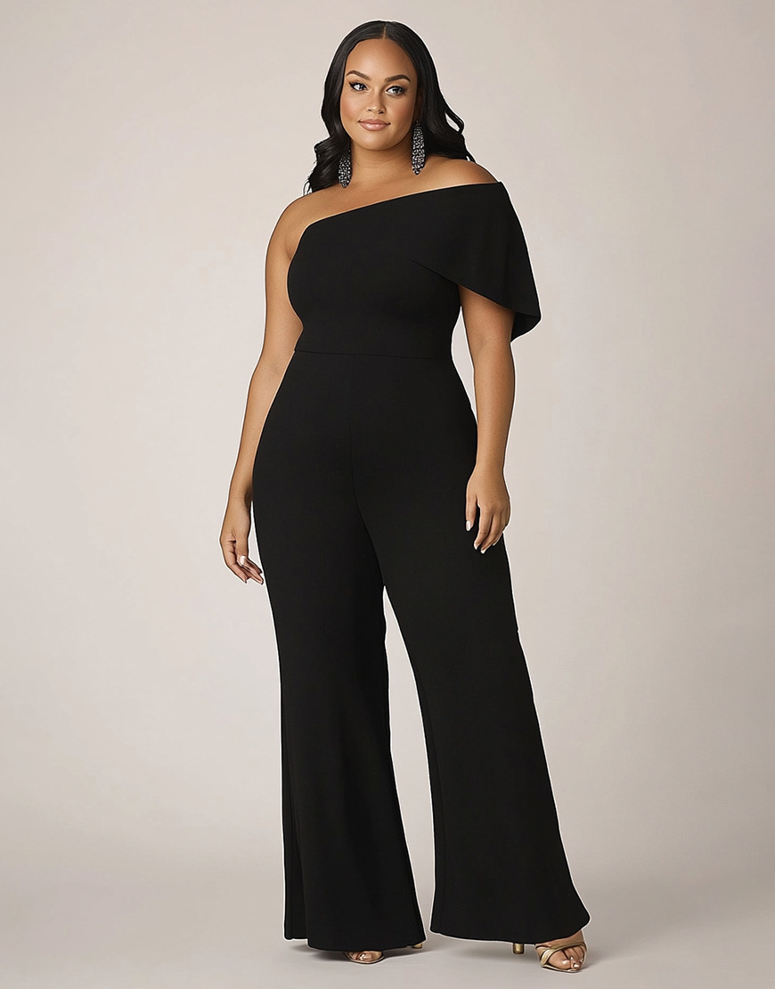 Black Bodycon Plus Size One Shoulder Long Formal Jumpsuit