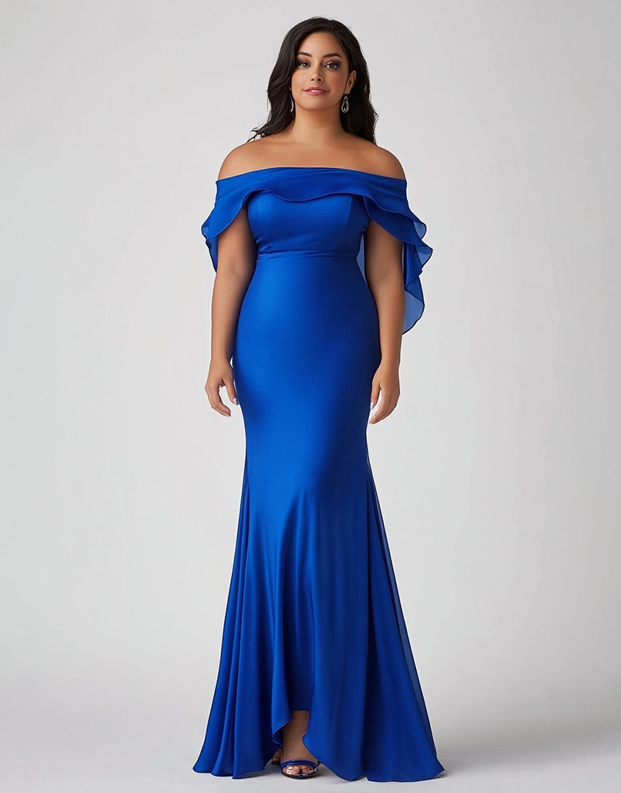 Royal Blue Off the Shoulder Sheath Long Plus Size Formal Dress with Ruffle