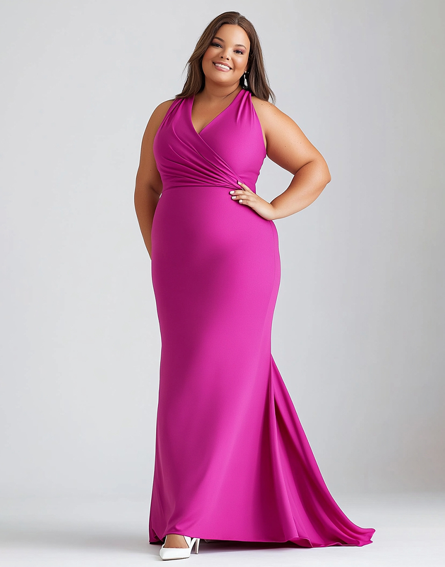 Fuchsia Sheath V-Neck Satin Long Plus Size Formal Dress