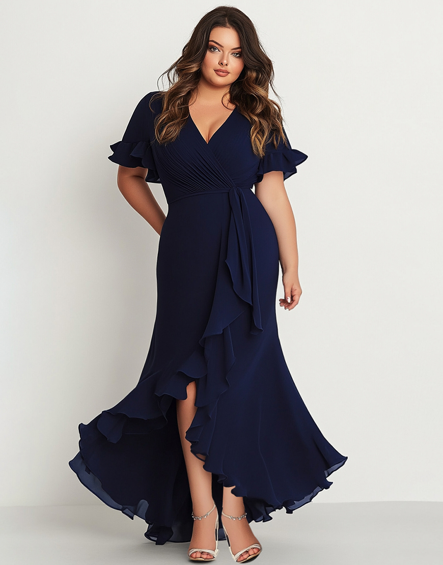 Navy Short Sleeves V-Neck Ruffled Long Plus Size Formal Dress with Slit