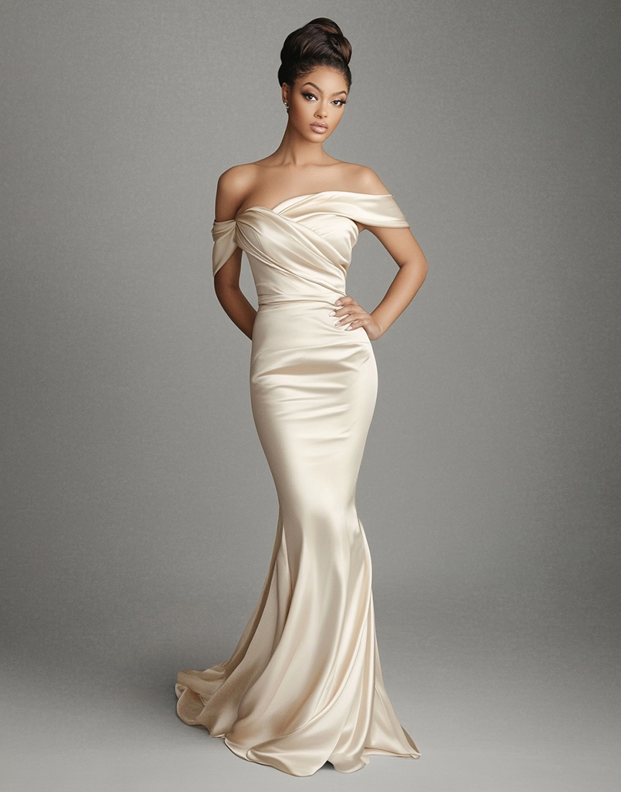 Satin Off the Shoulder Mermaid Champagne Long Formal Dress