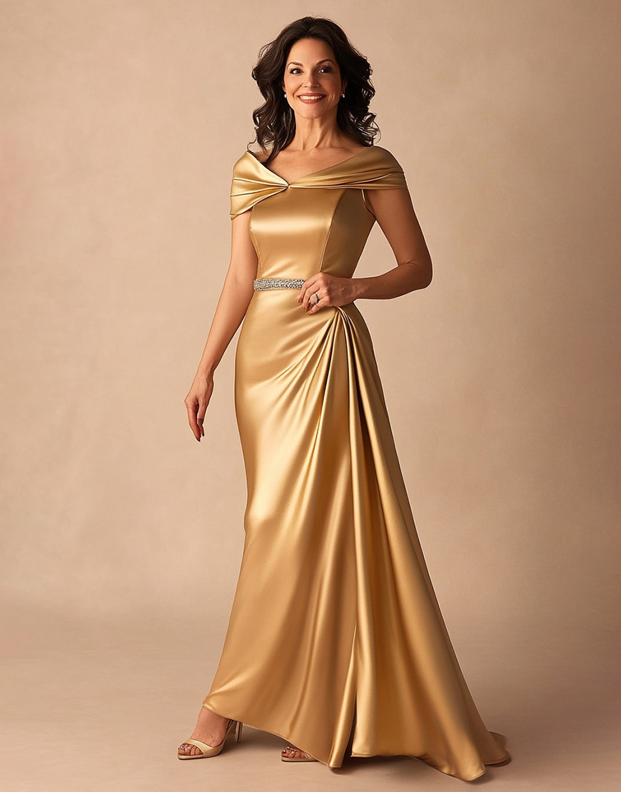 Gold Off the Shoulder A Line Long Formal Dress with Beading