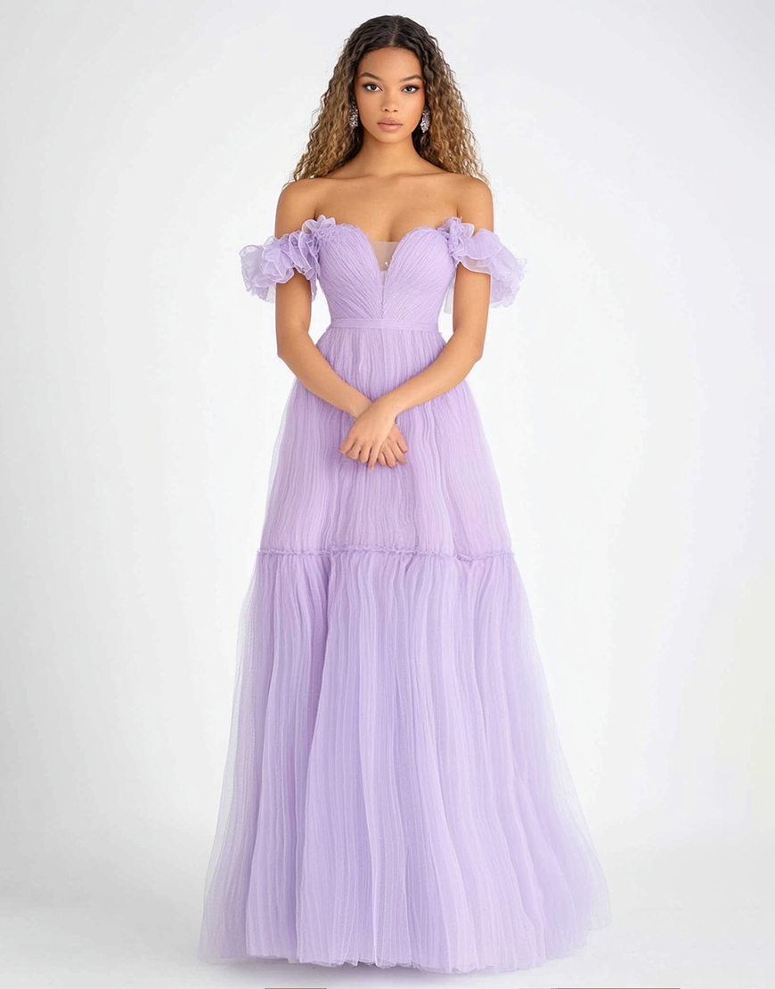 Lilac A Line Off the Shoulder Tulle Long Formal Dress