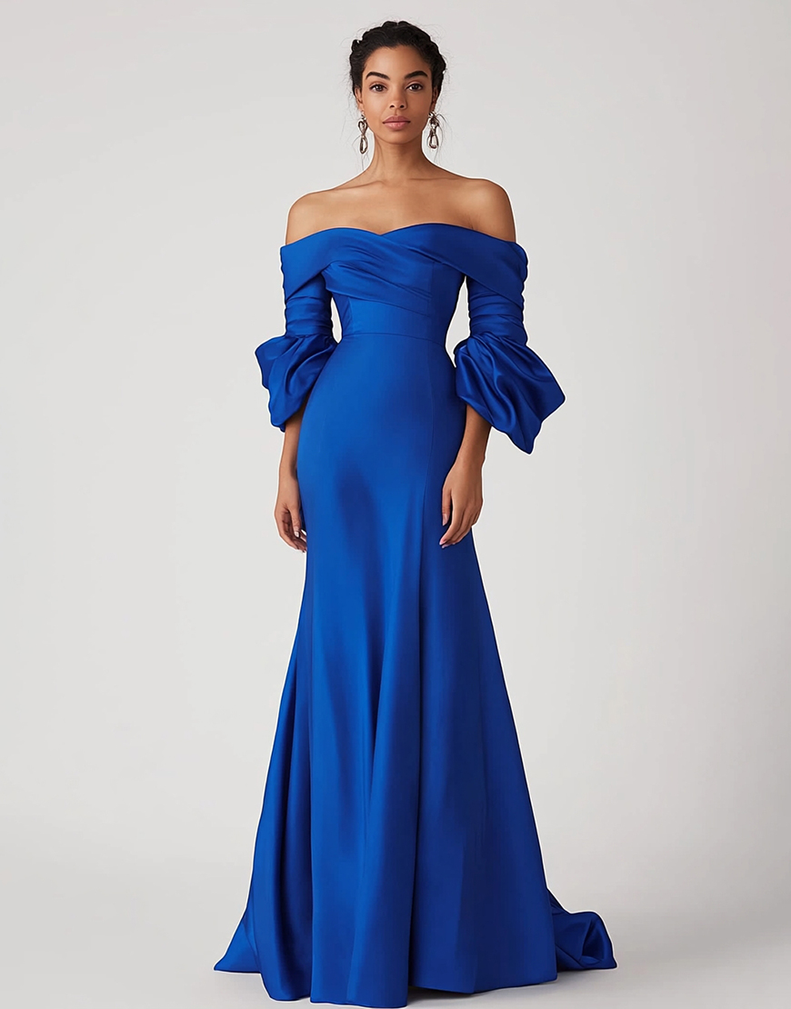 Royal Blue Off the Shoulder Puff Sleeves Long Satin Formal Dress