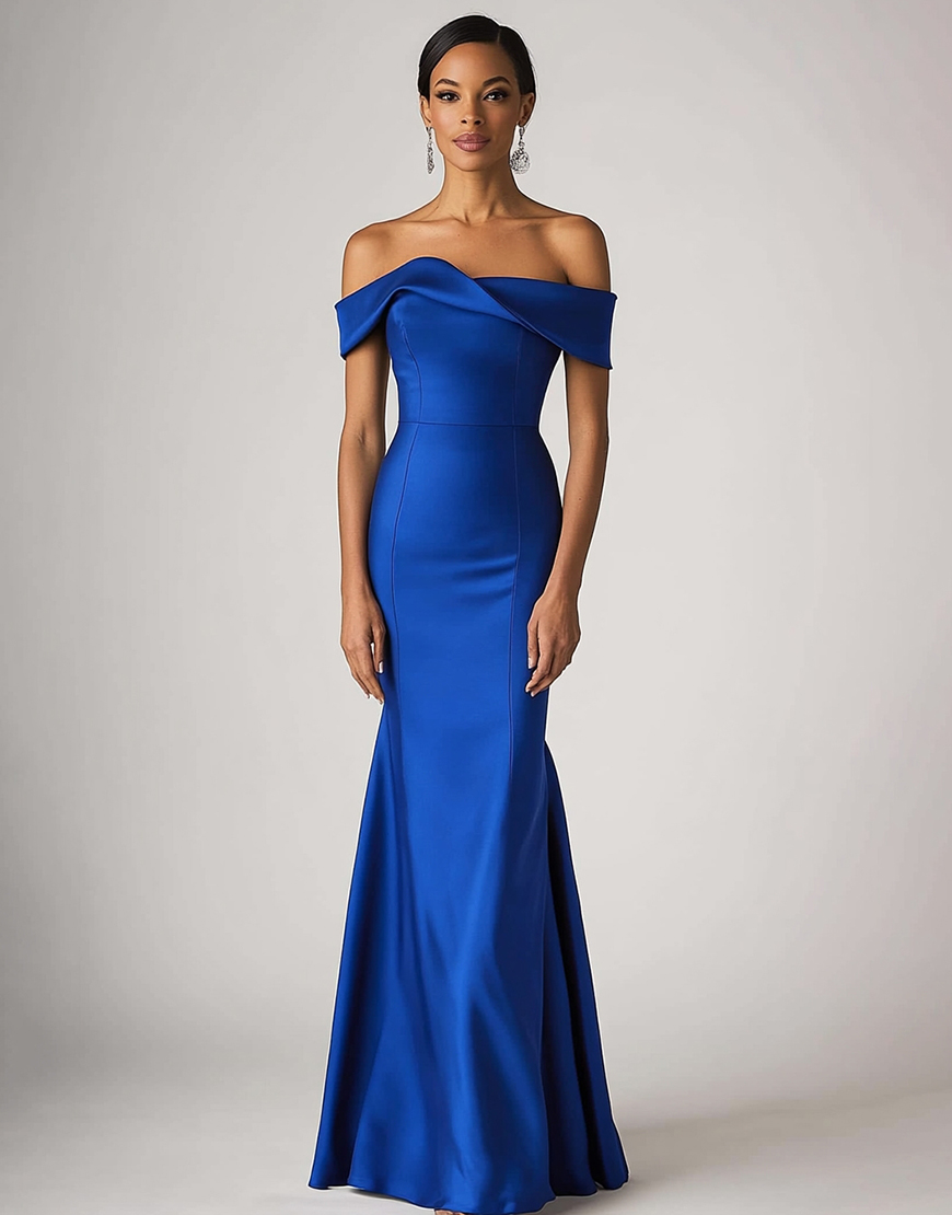 Royal Blue Off the Shoulder Sheath Satin Long Formal Dress