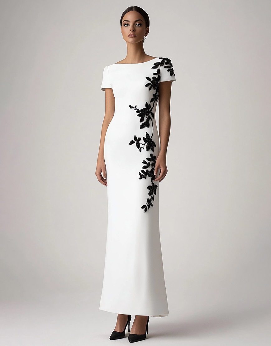 White Short Sleeves Sheath Long Formal Dress with Appliques