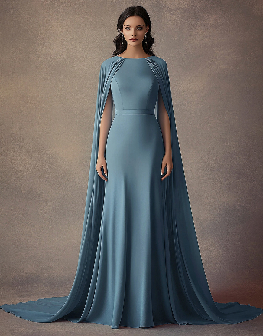 Grey Blue Sheath Ruched Chiffon Long Formal Dress with Shawl