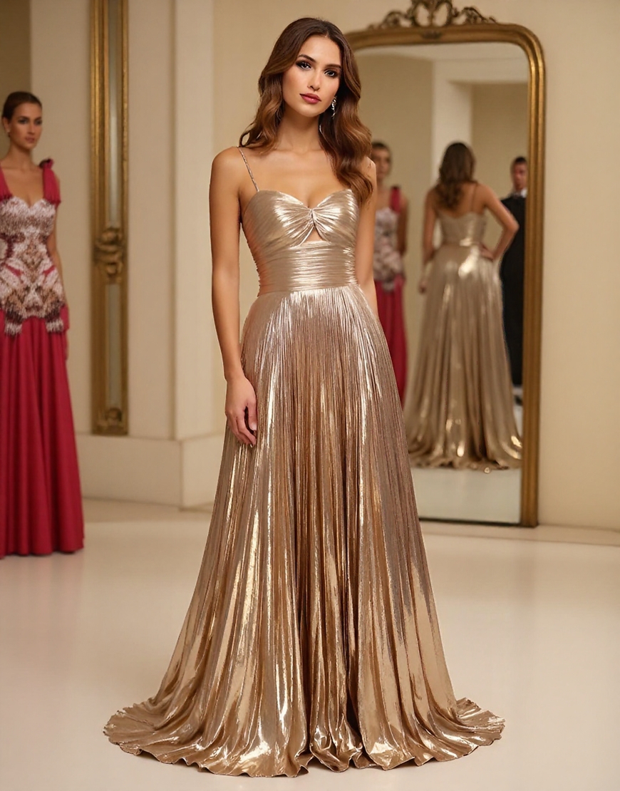 Champagne Spaghetti Straps Metallic A Line Ruched Long Prom Dress