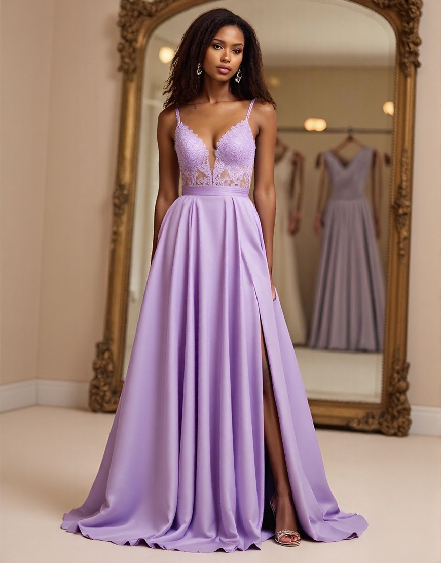 Lilac A Line Embroidered Spaghetti Straps Long Prom Dress with Slit
