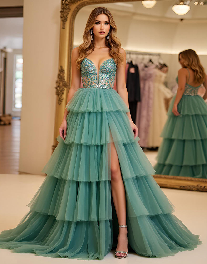 Sparkly Green A Line Spaghetti Straps Embroidered Tiered Long Tulle Prom Dress with Slit