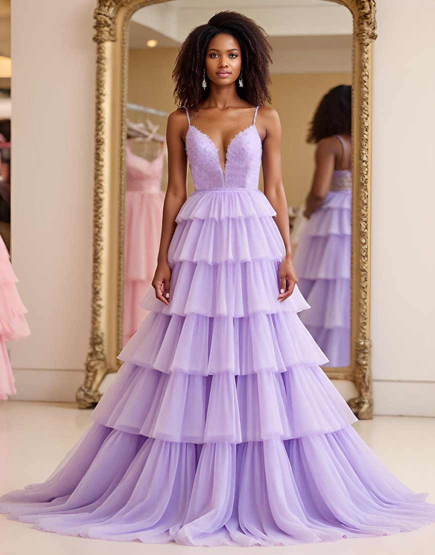 Lilac A Line Spaghetti Straps Tiered Long Tulle Prom Dress