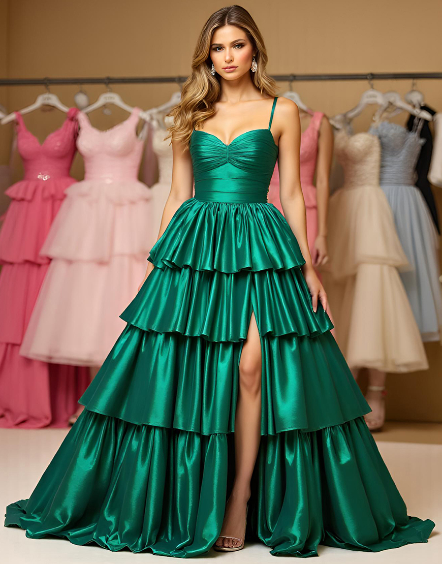 Dark Green A Line Spaghetti Straps Tiered Long Satin Prom Dress with Slit