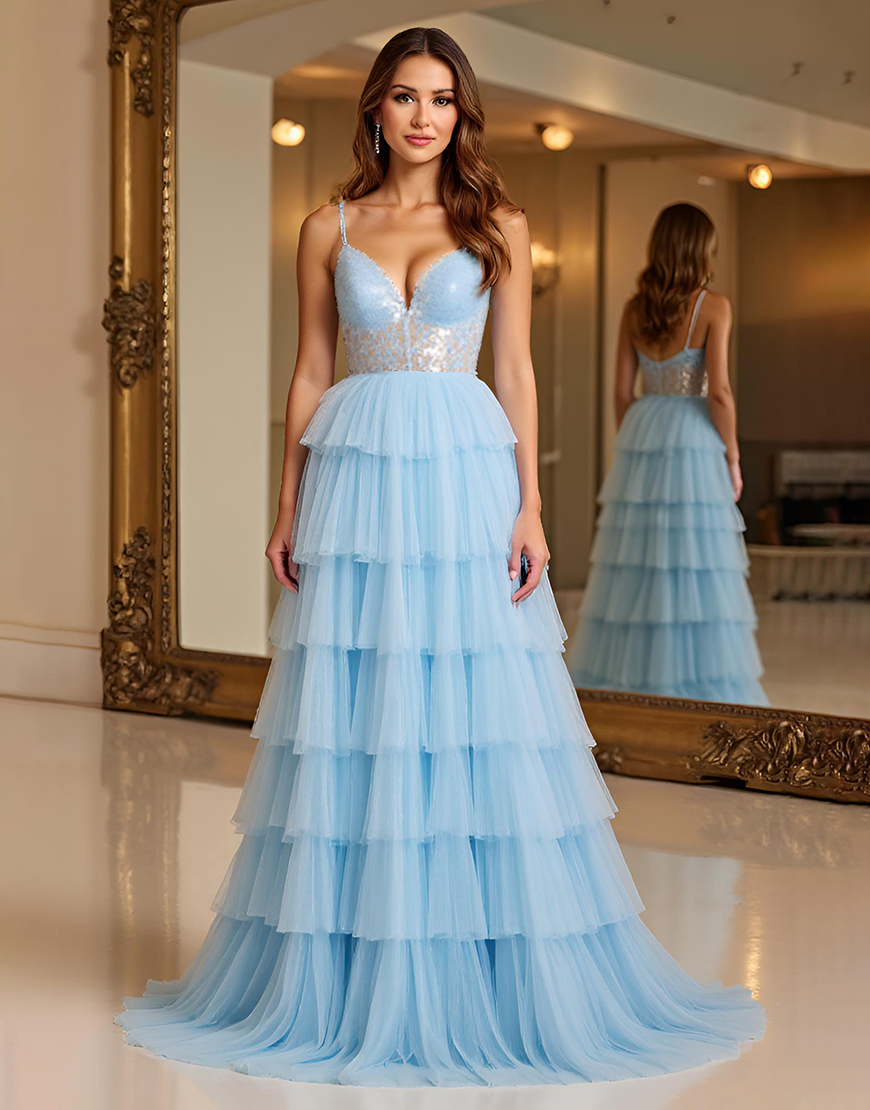 Sparkly Sky Blue A Line Spaghetti Straps Tiered Long Tulle Prom Dress