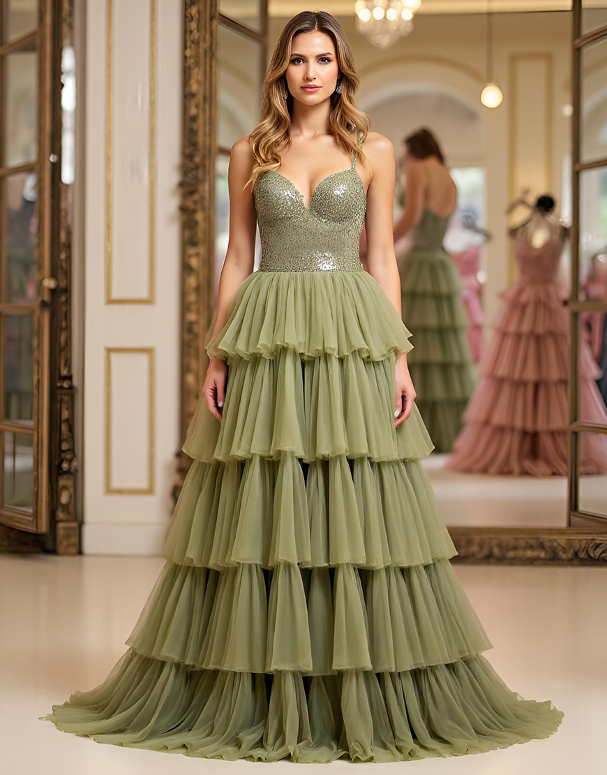 Sparkly Dusty Sage Spaghetti Straps A Line Tiered Long Tulle Prom Dress with Sequin